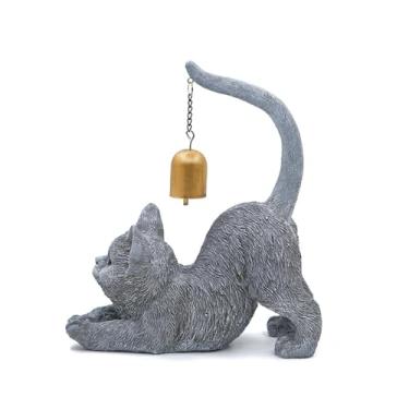 Imagem de Generic Estátua de gato, estatueta de gatinho com sino, decoração de mesa, artesanato em resina, escultura de animal em resina para decoração de jardim, Cinza