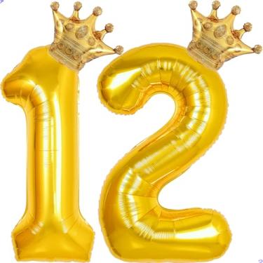 Imagem de 12 balões com números dourados de 101,6 cm para decorações de aniversário de 12 anos para meninas e meninos, balões gigantes de 12 anos Mylar