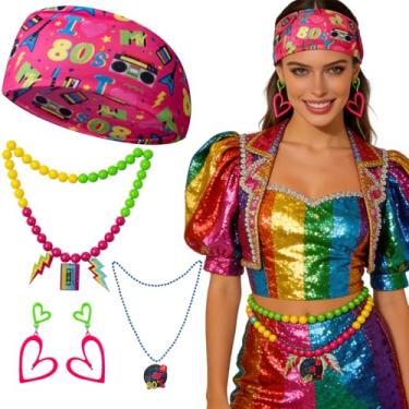 Imagem de Rotamora Conjunto de acessórios de fantasia dos anos 80 com 14 peças, fantasia de Rockstar anos 80, roupa feminina, faixa de cabeça colorida, colar de contas, brincos de coração para festa temática