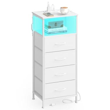 Imagem de SONGMICS Coleção Bellah – Mesa de cabeceira com estação de carregamento e luzes de LED ajustáveis controladas por aplicativo, mesa lateral de cama, 3 gavetas e 1 prateleira aberta, quarto, branco