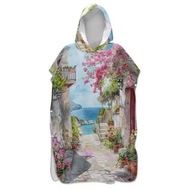 Imagem de TSENQUE Poncho de surfe trocador de roupão adulto praia moletom toalha floral secagem rápida masculino poncho com capuz estampa de rua floral mediterrânea
