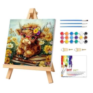 Imagem de PHANTASYART Kit de pintura Highland Cow por números para adultos com moldura, pintura de livros por números para adultos iniciantes com cavalete, kits de pintura por números para adultos em tela
