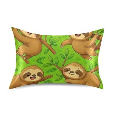 Imagem de Fronhas engraçadas fofas de desenho de preguiças verde cetim refrescante king queen padrão fronhas de cama personalizadas para cabelo Queen Size 76.2 cm x 50.8 cm