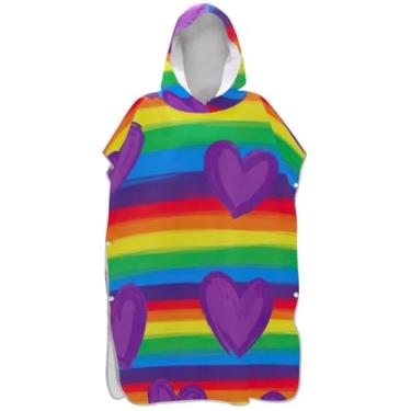 Imagem de Joisal Poncho de surfe listrado arco-íris coração roxo para mudança de roupão de praia toalha floral absorvente masculino poncho com capuz