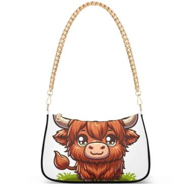 Imagem de Xray Flowers Bolsa moderna fantasia Hobo Party Clutch feminina designer bolsa de mão corrente pequena bolsa de ombro, Lindo desenho animado Highland Cattle