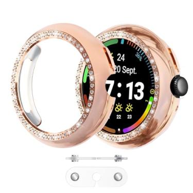 Imagem de Wugongyan Pacote com 2 capas para Google Pixel Watch 4 41M – Charge com capa em diamante de cristal de linha única brilhante rígida PC protetor de borda para Pixel Watch 4 (ouro rosa + transparente)
