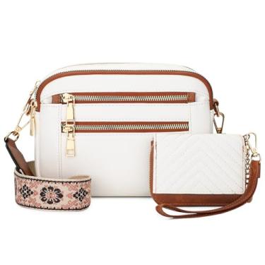 Imagem de BAIGIO Bolsas transversais femininas de couro vegano, bolsas de ombro pequenas com alça larga ajustável, Branco e marrom - 2 peças, 2PCS