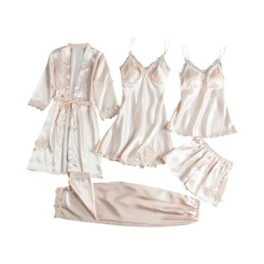 Imagem de Conjunto De Camisola Casual Elegante Para Mulheres Decorado Com Renda,