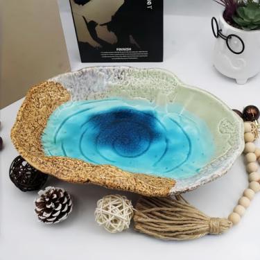 Imagem de Yeatel Tigela decorativa moderna | Tigela de cerâmica feita à mão de 30 cm com base de vidro azul lago | Decoração de casa exclusiva e organizador elegante