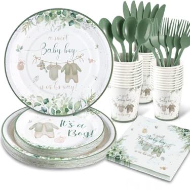 Imagem de Gudvilla Conjunto de 168 peças de decoração de chá de bebê verde sálvia, pratos de chá de bebê, copos e guardanapos para meninos serve 24