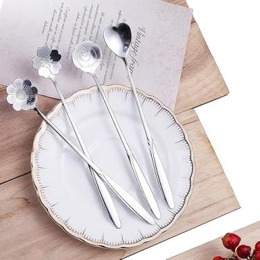 Imagem de Conjunto de 4 colheres de chá de flores de aço inoxidável dourado design de alça floral para servir café, sorvete e sobremesa, prata longa