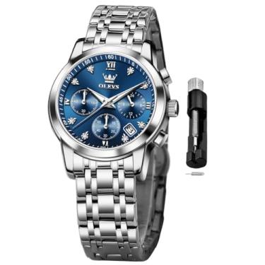 Imagem de OLEVS Relógio feminino multifuncional em dois tons, moderno, analógico, quartzo, feminino, aço inoxidável, à prova d'água, diamante, para mulheres, Azul prata fêmea 2858, relógio feminino