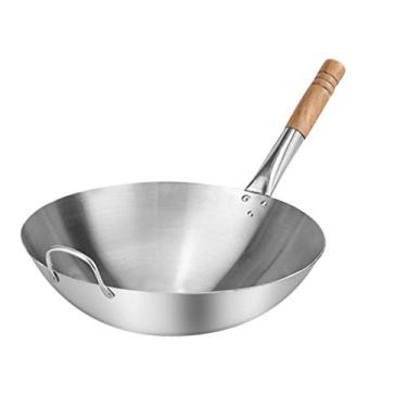 Imagem de Conjuntos de panelas chinesas tradicionais wok de aço inoxidável panelas antiaderentes não revestidas, cabo de faia para cozinha e restaurante (tamanho: 32 cm)