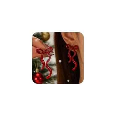 Imagem de Brincos de Natal para mulheres, fita vermelha, laço de Natal, joias de Natal, presentes de Natal para ela, Zinco, Sem pedra preciosa