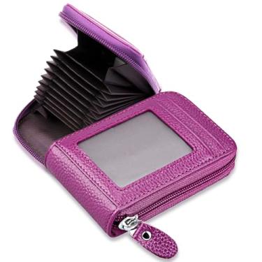 Imagem de Carteira com porta-cartão de crédito, pequena carteira de couro PU com zíper para cartão com janela para identidade para mulheres e homens, clássica, resistente, Roxa, Simplicidade