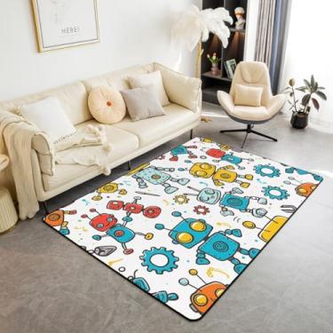 Imagem de Tapete de robô de desenho animado para sala de estar quarto, pintura à mão hippie tapete macio aconchegante tapete decorativo de máquina inteligente tapete de chão branco azul laranja crianças meninos