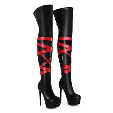 Imagem de Frankie Hsu Botas longas feitas à mão com plataforma stiletto sexy, acima do joelho, preto, vermelho, gótico, escuro, cinto na coxa, grande, tamanho 34-50, sapatos para mulheres e homens, Preto, 42