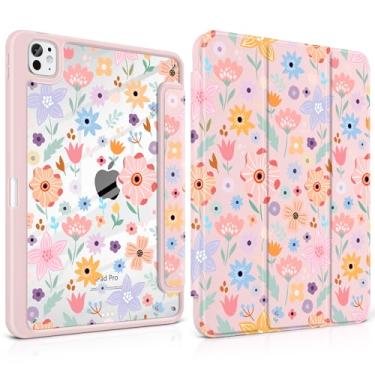 Imagem de Loyrina Capa para iPad Pro de 33.0 cm (M4) versão 2024 fina, leve, fofa, rosa claro com suporte de lápis com borda de TPU transparente, suporte de três dobras, flores coloridas
