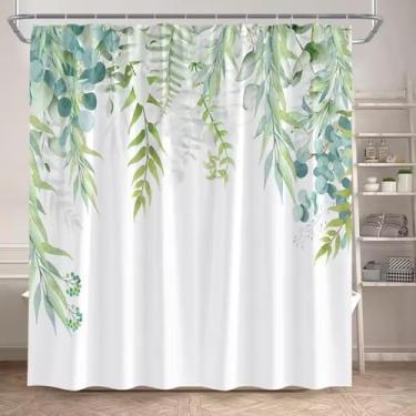Imagem de Cortina de chuveiro verde sálvia planta botânica folha de eucalipto aquarela folhas verdes florais ganchos de cortina de banho para banheiro 120 x 150 cm/L x A cortinas de banheiro janela