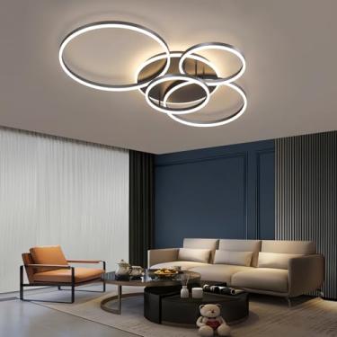 Imagem de Luminária de teto LED dimerizável com 5 anéis, 72 W, com controle remoto, ideal para sala de estar, quarto e cozinha (preta, 4+1 lâmpadas).