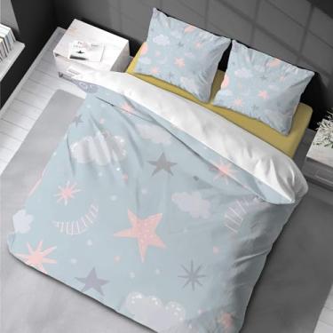 Imagem de Conjunto de capa de edredom de estrelas com fecho de zíper azul lua nuvem jogo de cama para meninas meninos crianças 200 x 200 cm -80 x 80 cm * 2