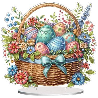 Imagem de VODAPYC Mesa de arte de diamante de Páscoa, enfeites de mesa de arte de diamante parcial em pé dupla face em forma especial para decoração de casa (Cesta de ovos)