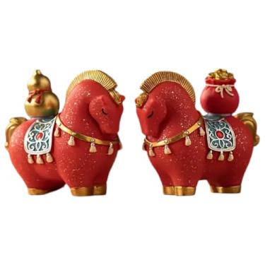 Imagem de Hamosky Estátua de cavalo, estatuetas de resina do ano chinês do cavalo, vermelho com detalhes dourados, decoração de mesa de arte chinesa de 8,5 x 4,3 x 7,5 cm, conjunto de 2 peças para estante de