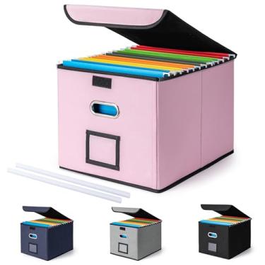 Imagem de CADONO Caixa organizadora de arquivos com tampa, organizador grande de pastas de arquivos com corrediça de plástico, caixas de armazenamento portáteis dobráveis para escritório/decoração/casa (rosa