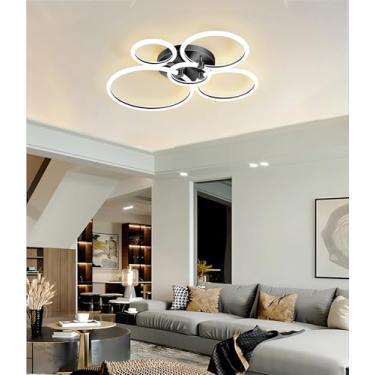 Imagem de Luminária de teto LED 75W de alto brilho para sala de estar, preta, moderna, dimerizável com controle remoto, ideal para quarto (preta, 5 anéis).