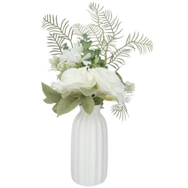Imagem de PartyforU Flores artificiais com vaso – arranjo inferior falso de rosa branca para decoração de mesa de jantar, flores falsas em vaso para banheiro, casa de fazenda, decoração de casa