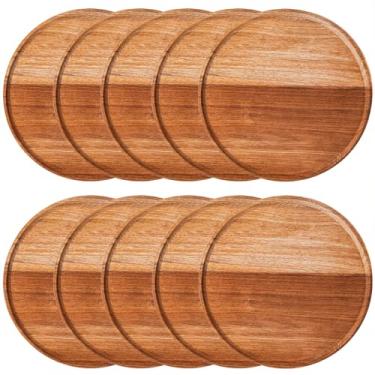 Imagem de Pacote com 10 pratos de madeira de acácia, tábuas de charcutaria de madeira de 30 cm para acompanhamento, sanduíche, salada, sobremesa, aperitivo, bife, redondo