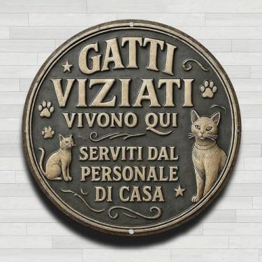 Imagem de Placa Gatti Viziati Gatos Pawprints Vintage Alumínio Rústico Metal Placa de Parede Redonda, 20 cm Presentes e Decoração para Casa, Escritório, Café e Quintal