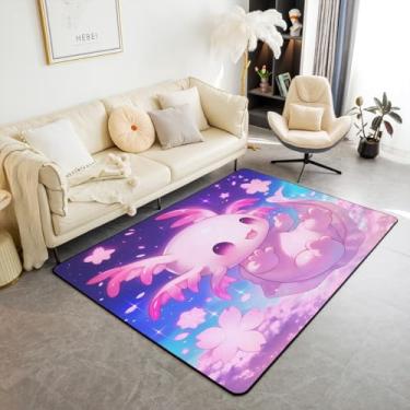 Imagem de Feelyou Tapete Axolotl fofo para sala de estar, meninos, meninas, flores de cerejeira, 3 x 5 para crianças, mulheres, homens, desenho animado, salamandra, tapete decorativo, kawaii, oceano, vida