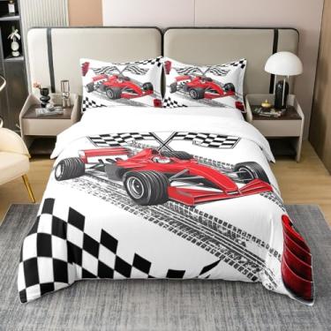 Imagem de Conjunto de cama de carro com fórmula de desenho animado 100% algodão natural, tamanho Queen, capa de edredom para esportes radicais, preto e branco, bandeira quadriculada, capa de edredom de carro de