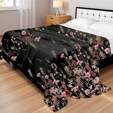 Imagem de MAG Lençol plano floral tamanho casal apenas, flores pretas e rosa, microfibra super macia, tamanho casal (203 x 241 cm).