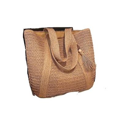 Imagem de Bolsa feminina elegante de tecido de palha feminina para férias na praia viagens casuais bolsas de ombro retrô, Marrom, One Size