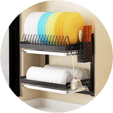 Imagem de U5GAAALPPQ9 Escorredor de pratos de cozinha escorredor com bandeja coletora e cesta de armazenamento de talheres de malha completa, preto (tamanho: três camadas) ()