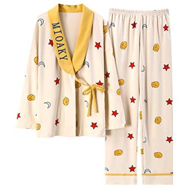 Imagem de 3FLQOOPP Conjunto de pijama feminino outono inverno estilo roupão de banho feminino roupa de dormir casa completa conjunto de pijama feminino (amarelo 1X)