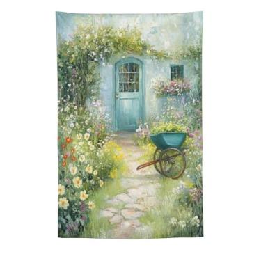 Imagem de Tapeçaria de caminho de casa de campo coberta de flores de primavera, decoração de parede de arte de flores de carrinho de mão de jardim, decoração sazonal aconchegante para sala de estar, quarto