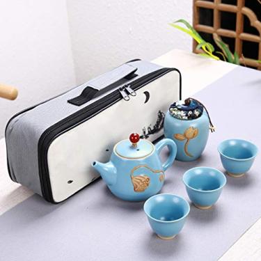 Imagem de HHHJQFAAT Bule de chá de cerâmica um pote três xícaras de viagem ao ar livre Kung Fu bule de chá conjunto de copo de viagem conjunto de chá kung fu conjunto de chá chinês vinho