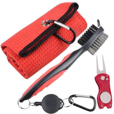 Imagem de Toalha de Golfe Microfibra Padrão Waffle Kit Ferramentas Pincel com Limpeza Grooves do Taco Ferramenta Reparo Divot Acessórios Carabiner Alumínio