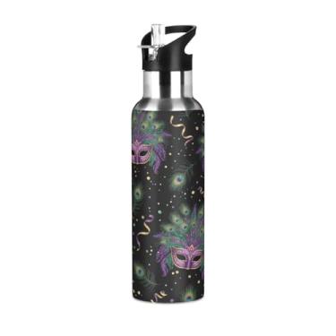 Imagem de Wassud Garrafa de água máscaras de baile de máscaras de penas de aço inoxidável garrafa de água esportiva com canudo garrafas de água isoladas copo portátil de viagem 946 ml