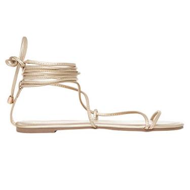 Imagem de Rohb By Joyce Azria Getty Sandália rasteira gladiadora de verão com tiras, Couro vegano dourado, 35 BR