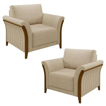 Imagem de Kit 2 Poltronas Decorativas Sala De Estar 102cm Pés Madeira Roya M22 Linho Bege - Mpozenato