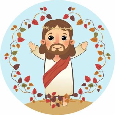 Imagem de Painel De Lona Redondo Jesus Cute Folhas - Fabrika de Festa, 170x170cm