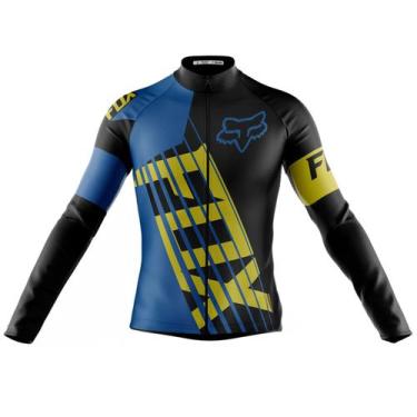 Imagem de Camisa Ciclismo Fox Azul Manga Longa Zíper Full Fitness Proteção UV -,