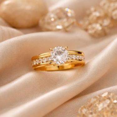 Imagem de Anel Solitário Aço Inox Zircônia Cravejada Dourado Noivado Tamanho:19 