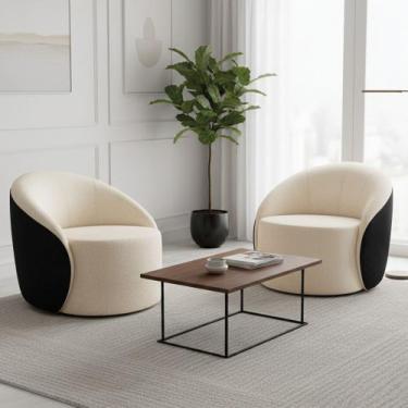 Imagem de Poltrona Sala Orgânica Kit 2 Lua Fixa Sintético PU Preto/Bouclê Bege D
