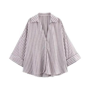 Imagem de Camisa Casual Listrada Oversize Para Mulheres, Manga Larga, Top Solto 