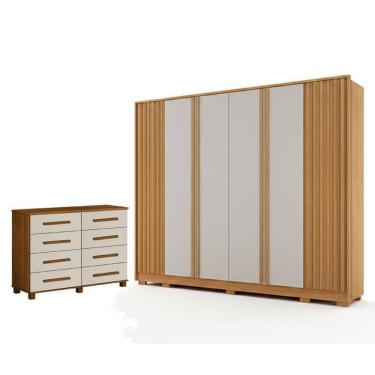 Imagem de Guarda Roupa Casal Evo 6 Portas Cinamomo E Off-white Com Cômoda San Marino 8 Gavetas Ci...